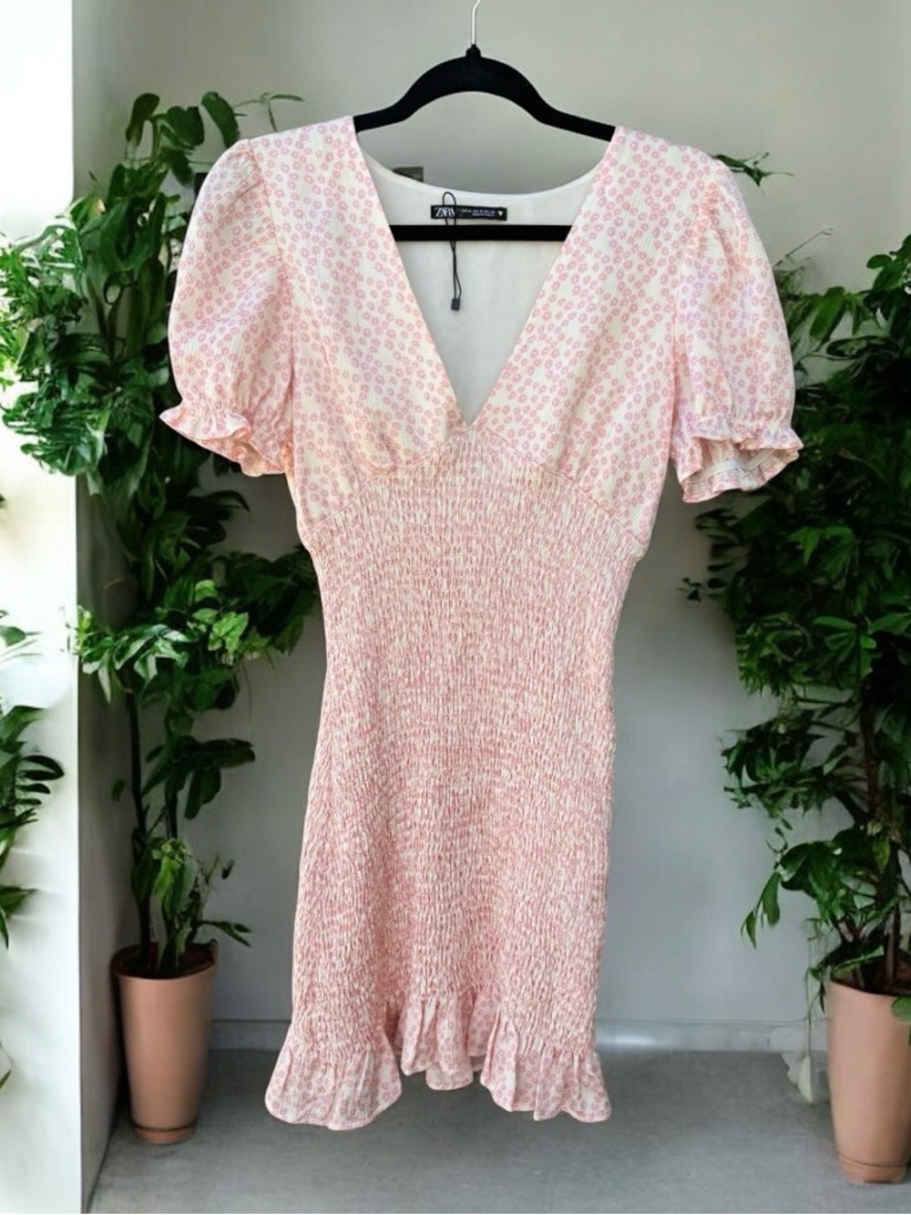 Zara NWOT Puff Sleeve Smocked Mini Dress medium
